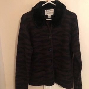 Wandrawool Womens Jacket Coat Brown Black Zebra Buttons Fur Trim Collar Wool S